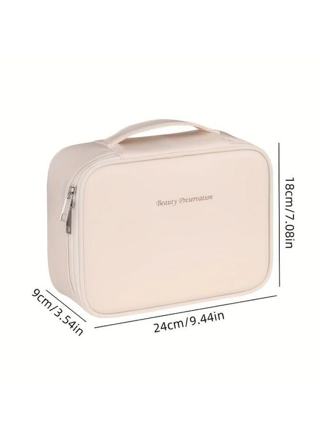 Beige Large Capacity Detachable Makeup Bag Travel Cosmetic Organizer With Brush Pouch - Image 4